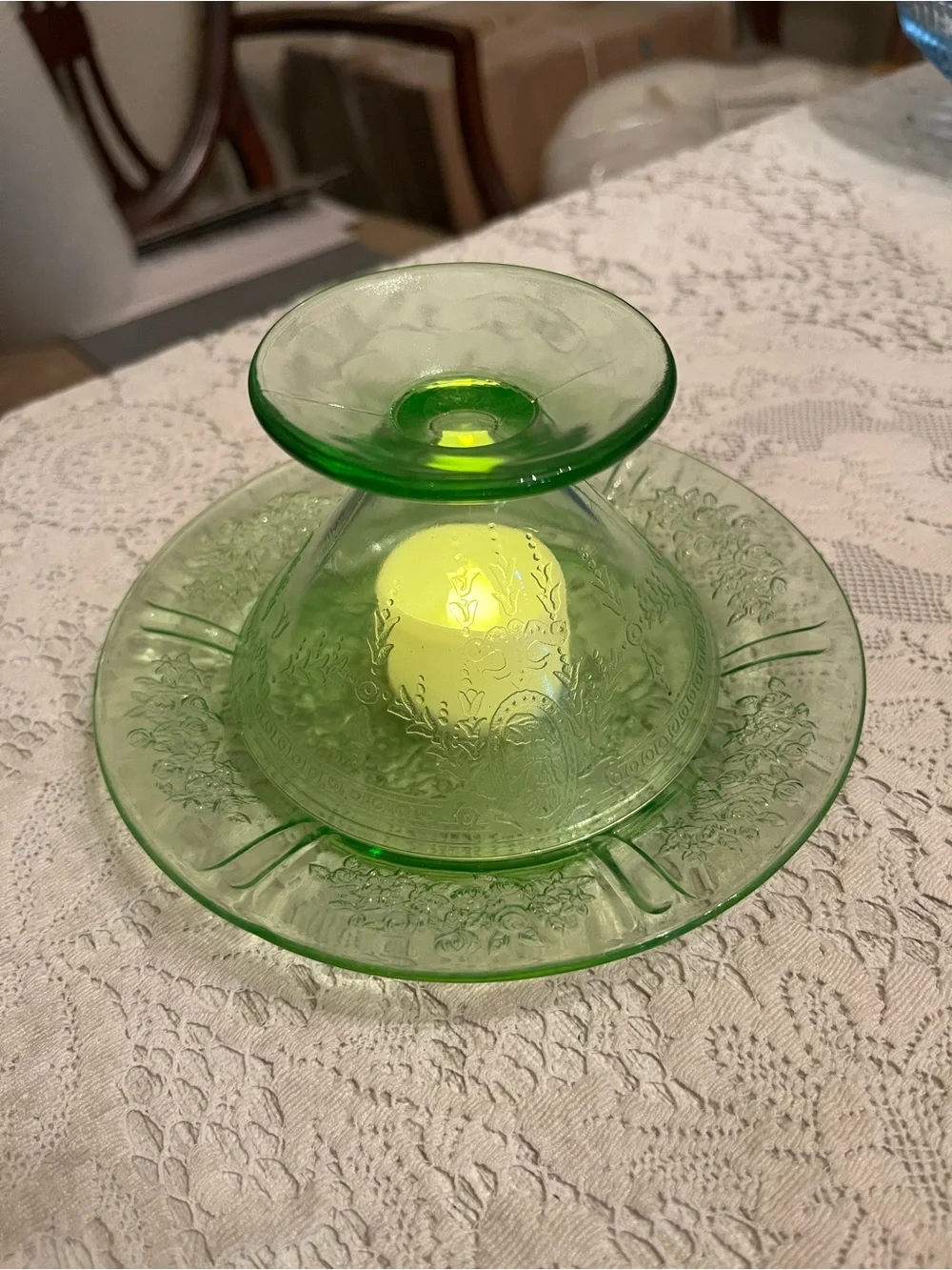 Belmont Rose Green Uranium Depression Glass| Vintage Dessert Plate & Sherbet Cup